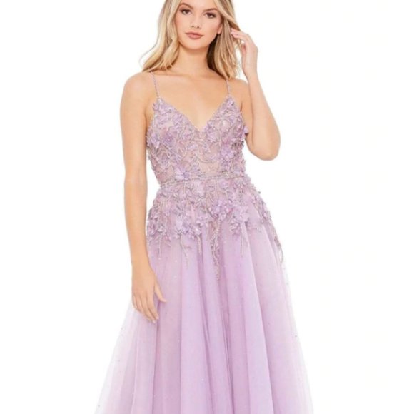 MAC DUGGAL 11207 EMBELLISHED FLORAL APPLIQUE HIGH LOW LILLAC GOWN sz 2 - Picture 1 of 7